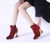 Crystal flower zipper pearl metal fretwork super high heels ankle boots