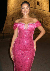 Bardot Draped Bustier Embellished Maxi Dress Hot Pink
