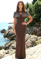 Crystal Cape Detail Maxi Dress Brown