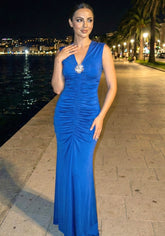 Crystal Detail Ruched Maxi Dress Blue