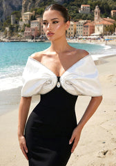 Crystal Draped Bardot Maxi Dress Black White