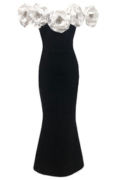 Crystal Detail Floral Bardot Maxi Dress Black White