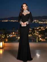 Long Sleeve Crystal Mesh A Line Maxi Dress Black