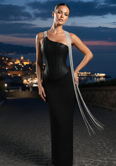 Crystal One Shoulder Structured Maxi Dress Black