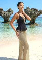 Crystal Peplum Maxi Dress Black Gold