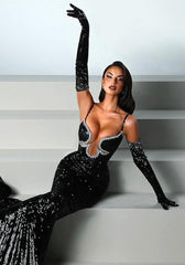 Crystal Bustier Sequin Maxi Dress Black