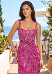 Crystal Floral Strap Sequin Maxi Dress Hot Pink