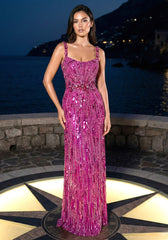 Crystal Floral Strap Sequin Maxi Dress Hot Pink