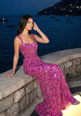 Crystal Floral Strap Sequin Maxi Dress Hot Pink