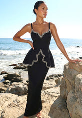 Crystal Trim Peplum Maxi Dress Black