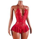 Deep V Lingerie Backless Crotchless Teddy Bodysuits Lace Transparent Babydolls Nightwear Erotic Costume One-piece