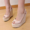 Designer Straw Weave Buckle Strap High Heels Banquet Peep Toe Wedges Platform Sandals
