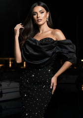 Draped Bardot Crystal Pearl Floral Maxi Dress Black