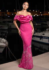 Draped Bardot Crystal Pearl Floral Maxi Dress Hot Pink