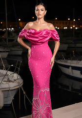 Draped Bardot Crystal Pearl Floral Maxi Dress Hot Pink