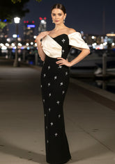 Draped Bardot Crystal Maxi Dress Black Ivory