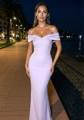 Draped Bardot Design Crystal Maxi Dress Lavender