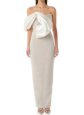 Draped Bardot Pearl Maxi Dress White