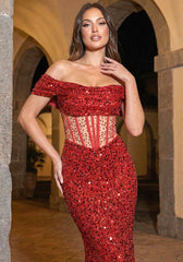Bardot Draped Corset Sequin Maxi Dress Red