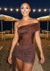 Draped Bardot Sparkly Dress Brown