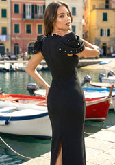 Draped Short Sleeve Crystal Maxi Dress Black