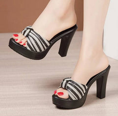 Bohemian Beach Style Open Head Bow Stripe Slides High Heels Sandals