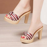 Bohemian Beach Style Open Head Bow Stripe Slides High Heels Sandals
