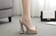 Elegant Design PVC Transparent Rhinestone Platform Peep Toes High Heels Pumps