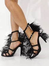Elegant Faux Feather Detail Chunky Heel Party Style Stiletto High Heel Sandals