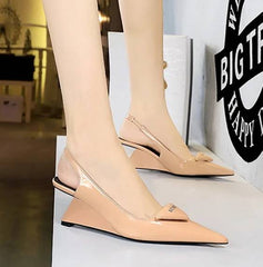 Elegant Patent Leather Shallow Cut Pointed Hollow Back Strap High Heeled Sandal