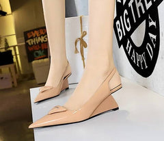 Elegant Patent Leather Shallow Cut Pointed Hollow Back Strap High Heeled Sandal