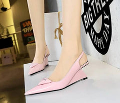 Elegant Patent Leather Shallow Cut Pointed Hollow Back Strap High Heeled Sandal