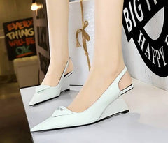 Elegant Patent Leather Shallow Cut Pointed Hollow Back Strap High Heeled Sandal