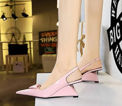 Elegant Patent Leather Shallow Cut Pointed Hollow Back Strap High Heeled Sandal