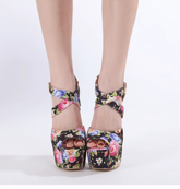 Elegant Peep Toe Fashion Print Flowers Platform Pumps High Heels