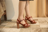 Elegant Real Leather Buckle Strap Thick High Heel Platform Sandals