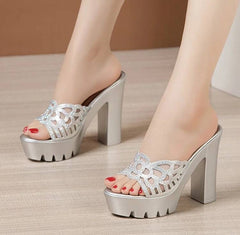 Elegant Rhinestone Wedding Party Block High Heels Pumps