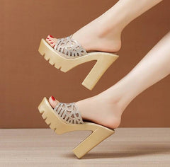 Elegant Rhinestone Wedding Party Block High Heels Pumps