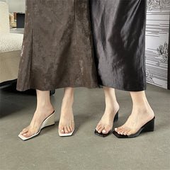 Elegant Shallow PVC Transparent Wedge Square Toe High Heels Sandal