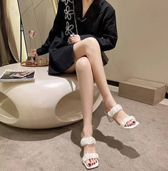 Elegant Shallow Transparent Crystal Chunky Sandals High Heels