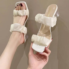 Elegant Shallow Transparent Crystal Chunky Sandals High Heels