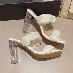 Elegant Shallow Transparent Crystal Chunky Sandals High Heels