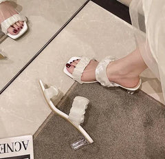 Elegant Shallow Transparent Crystal Chunky Sandals High Heels
