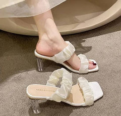 Elegant Shallow Transparent Crystal Chunky Sandals High Heels