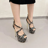 Elegant Snake Print Peep Toe Buckle Strap Platform Evening Party High Heels