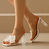 Elegant Square Toe Lace Beaded Pearl Bowtie Sandals
