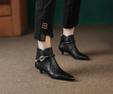 Elegant pointed toe metal buckle side zip short kitten heel booties dress shoes
