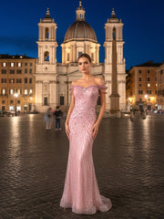 Embellished Bardot Sequin Maxi Dress Pink