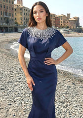 Embellished Cape Detail Maxi Dress Navy Blue
