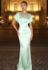 Embellished Cape Detail Maxi Dress Green